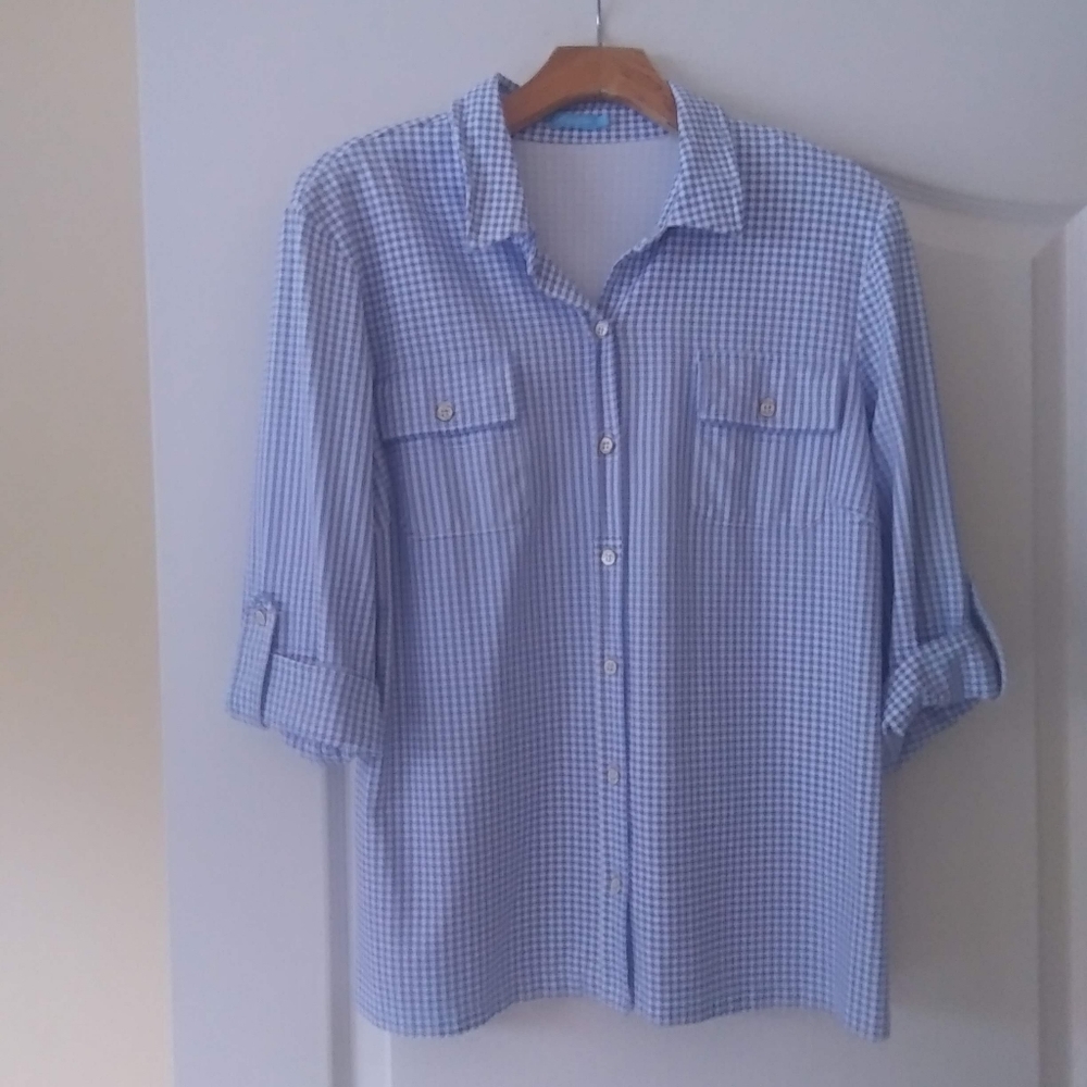 J McLaughlin Catalina Cloth Plaid Button Top L EUC